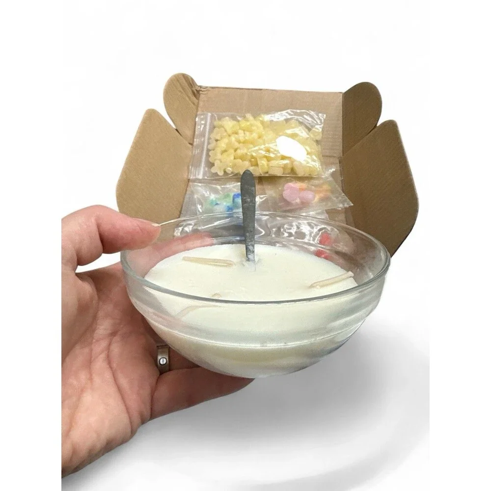 NEW French Vanilla Cereal Bowl Scented Candle with Metal Spoon Glass Bowl